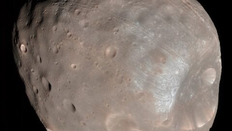 Phobos and its Stickney crater, imaged by HiRISE on NASA's Mars Reconnaissance Orbiter. Photo: NASA / JPL Caltech / University of Arizona, public domain, via Wikimedia Commons.