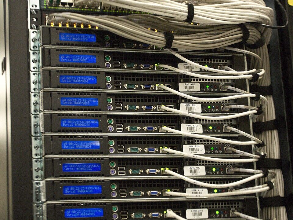 Compute racks at the NERSC data centre. Photo: CC0 1.0, via Wikimedia Commons.