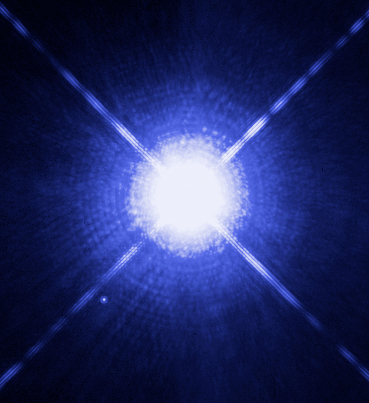 Sirius A with its white dwarf companion Sirius B (lower left), imaged by the Hubble Space Telescope. Photo: NASA, ESA, H. Bond (STScI) and M. Barstow (University of Leicester), via Wikimedia Commons.