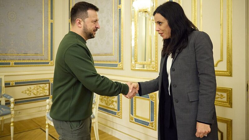 Volodymyr Zelensky shaking hands with Liechtenstein foreign minister Dominique Hasler