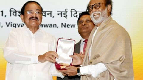 Rajinikanth receiving the Dadasaheb Phalke Award at a ceremony